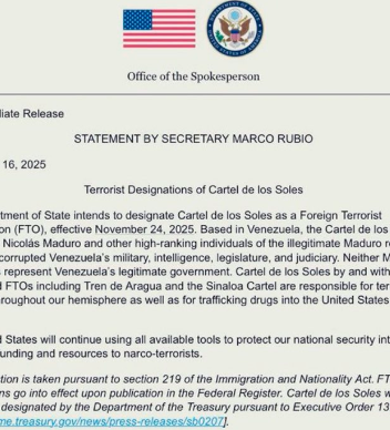 Imagen de Marco Rubio ha declarado oficialmente al cartel de los soles como organización terrorista extranjera. Este decreto entra en vigor el 24 de noviembre. Esto permite a Donald Trump atacar infraestructura en Venezuela de manera legal!!.